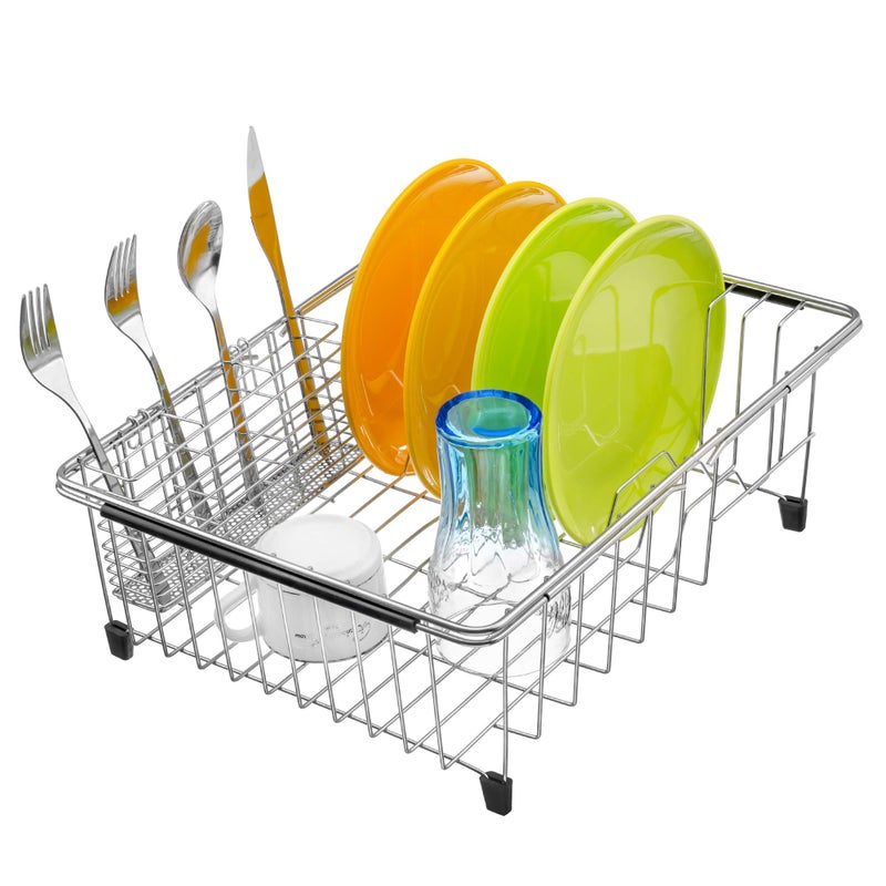 iPEGTOP Expandable Dish Drying Rack Over Sink, Rustproof Stainless Steel Dish Drying Rack Basket Shelf, Multifunctional Dish Drainer Organizer with Utensil Cutlery Holder - Image 1